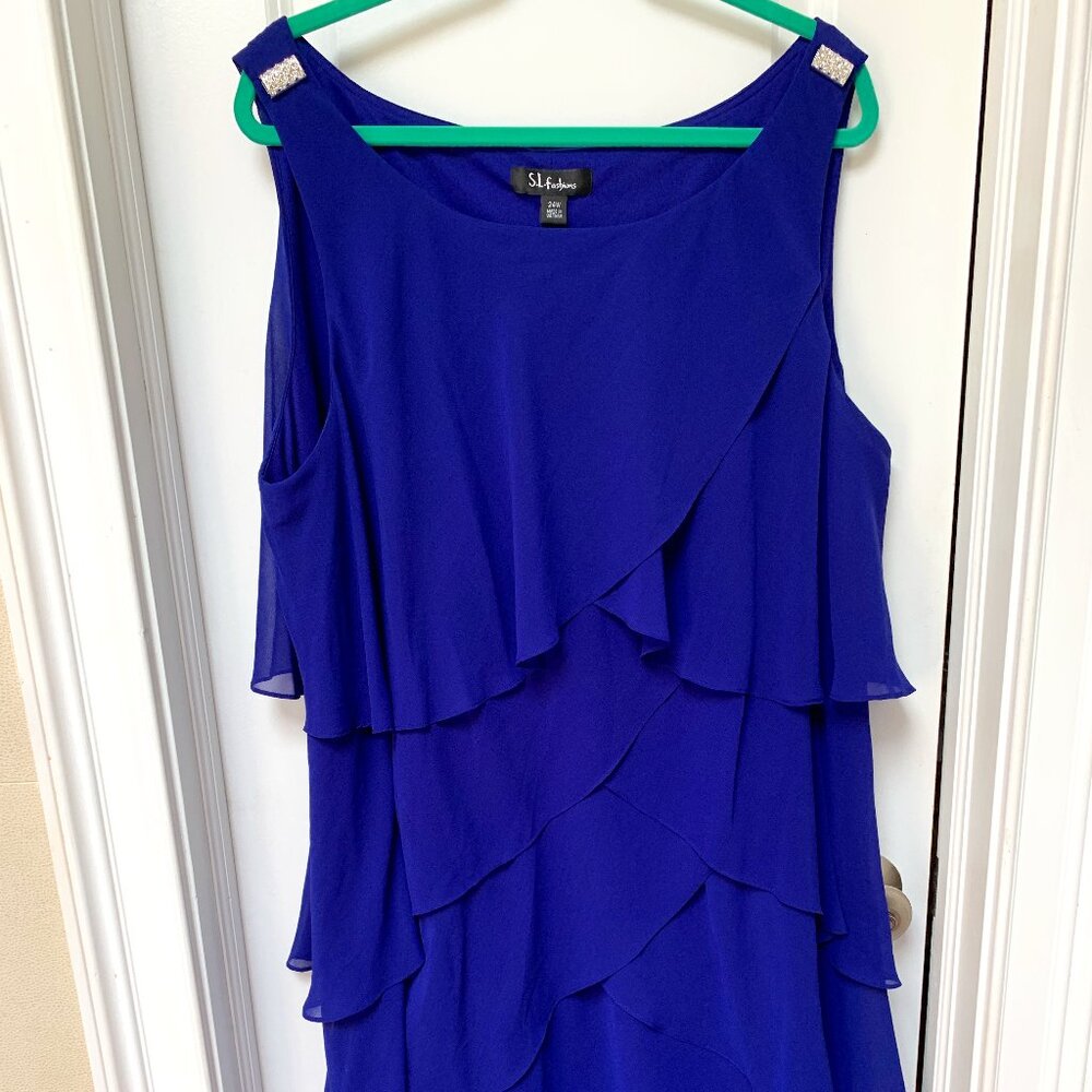 SL Fashions Sleeveless Chiffon Tiered A-Line Dress Royal Blue SIZE 24W